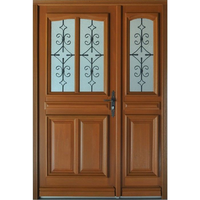 Puerta de entrada de madera estilo Vauban con tres paneles acristalados, 215 cm de alto x 130 cm de ancho. Dimensiones indicadas a la izquierda.