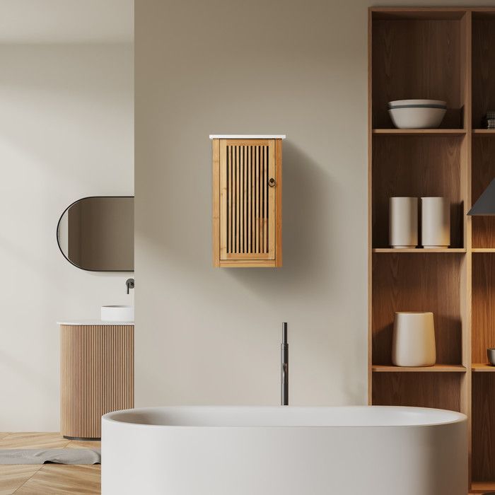 Relaxdays Rangement salle de bain, meuble à accrocher avec étagère, HxLxP : 60x34,5x21 cm, bambou & MDF, nature - blanc