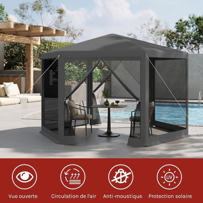 WOLTU Tuinpaviljoen - Zeshoekig - Tuinpergola - Ademend muggennet - 3,8 x 3,3 m - Grijs