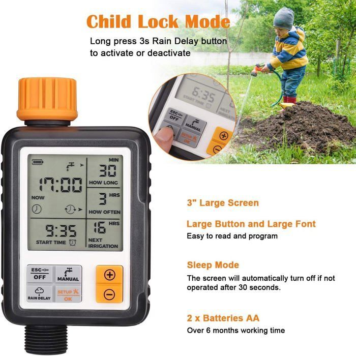 Programmateur d’arrosage automatique goutte à goutte, étanche extérieur, écran LCD 3’’