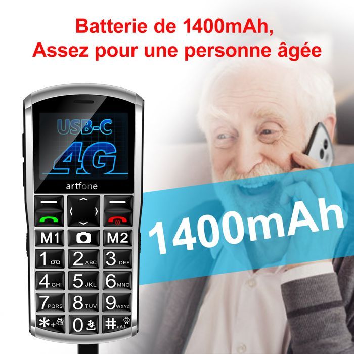 Artfone A400 Téléphone Portable 4G pour Seniors, Grandes Touches, Bouton SOS, Batterie 1800mAh, Station de Charge, Dual SIM, Blanc