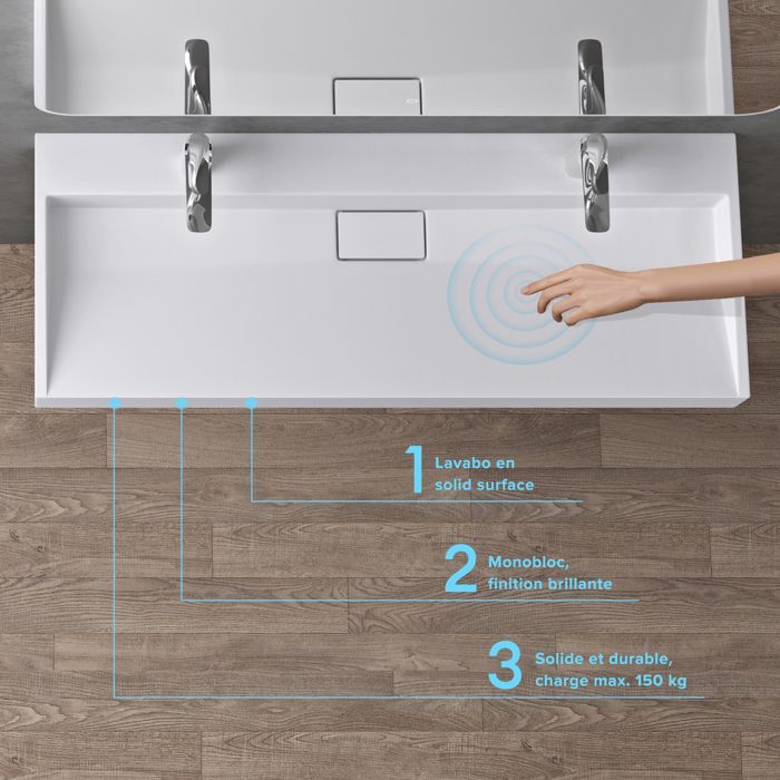 Lavatório suspenso com escorredor, lavatório de bancada, branco fosco, 120x46x11cm, lavatório com 2 furos para torneira, retangular, Colossum19