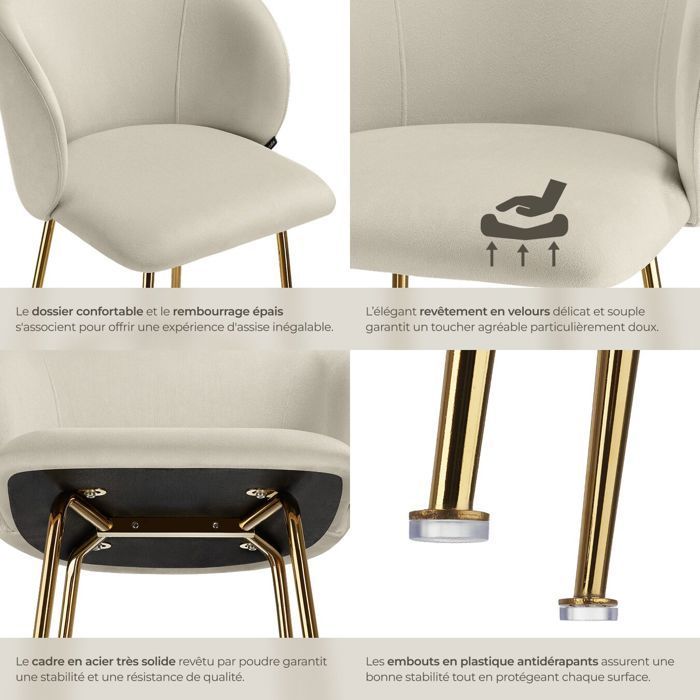 Bar stool - TECTAKE - Set of 2 LUANA velvet-look stools and footrest 51 x 60 x 106 cm - Cream/Gold