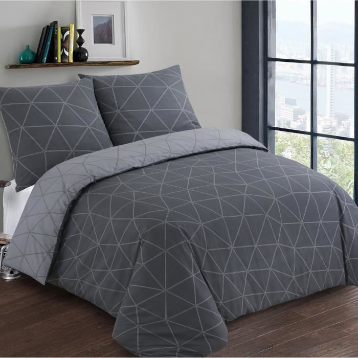 VISION Parure de couette Hugo - 100% coton - 1 housse de couette 200 x 200 cm + 2 taies d'oreiller 65 x 65 cm - Gris anthracite