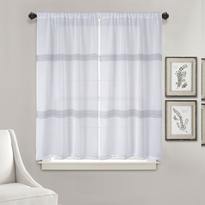 Par de cortinas pequeñas, rectas, de voile a rayas, blancas, 90x160 cm