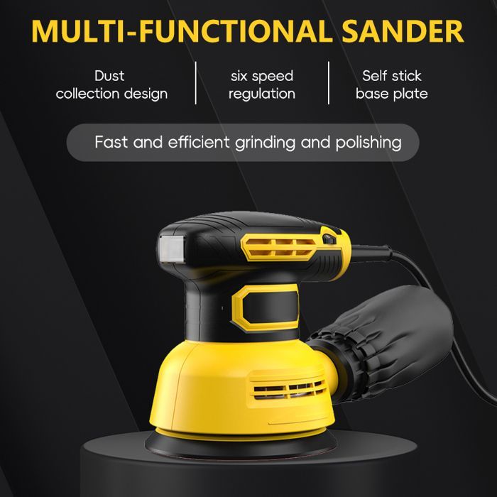 300W 125mm Random Orbital Sander, 12000RPM, Adjustable Speed, with 5 Sanding Discs + Foam and Wool Pad, Dust Collection