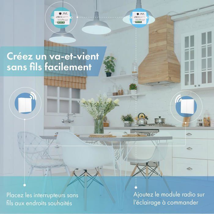 Wireless and battery-free two-way switch kit - Ready to install - 4 double-pole switches + 2 radio receivers
