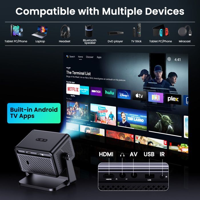 Mini projetor Netflix Isinbox com rotação de foco automático de 360°, projetor 4K para celulares e computadores com Wi-Fi, HDMI e Bluetooth.