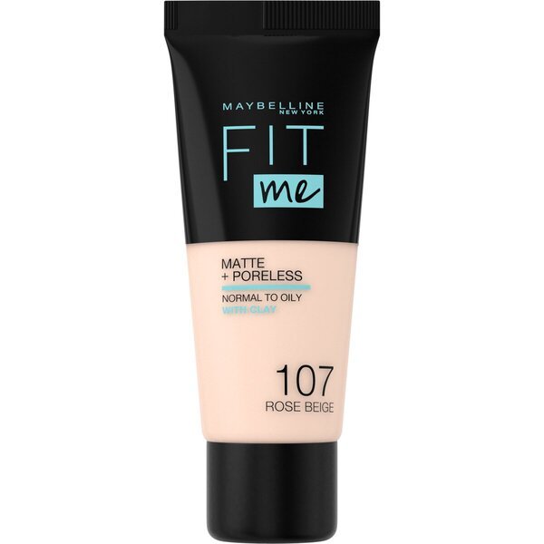 „Maybelline New York Fit Me Matte & Poreless 107 Rose Beige“ makiažo pagrindas.