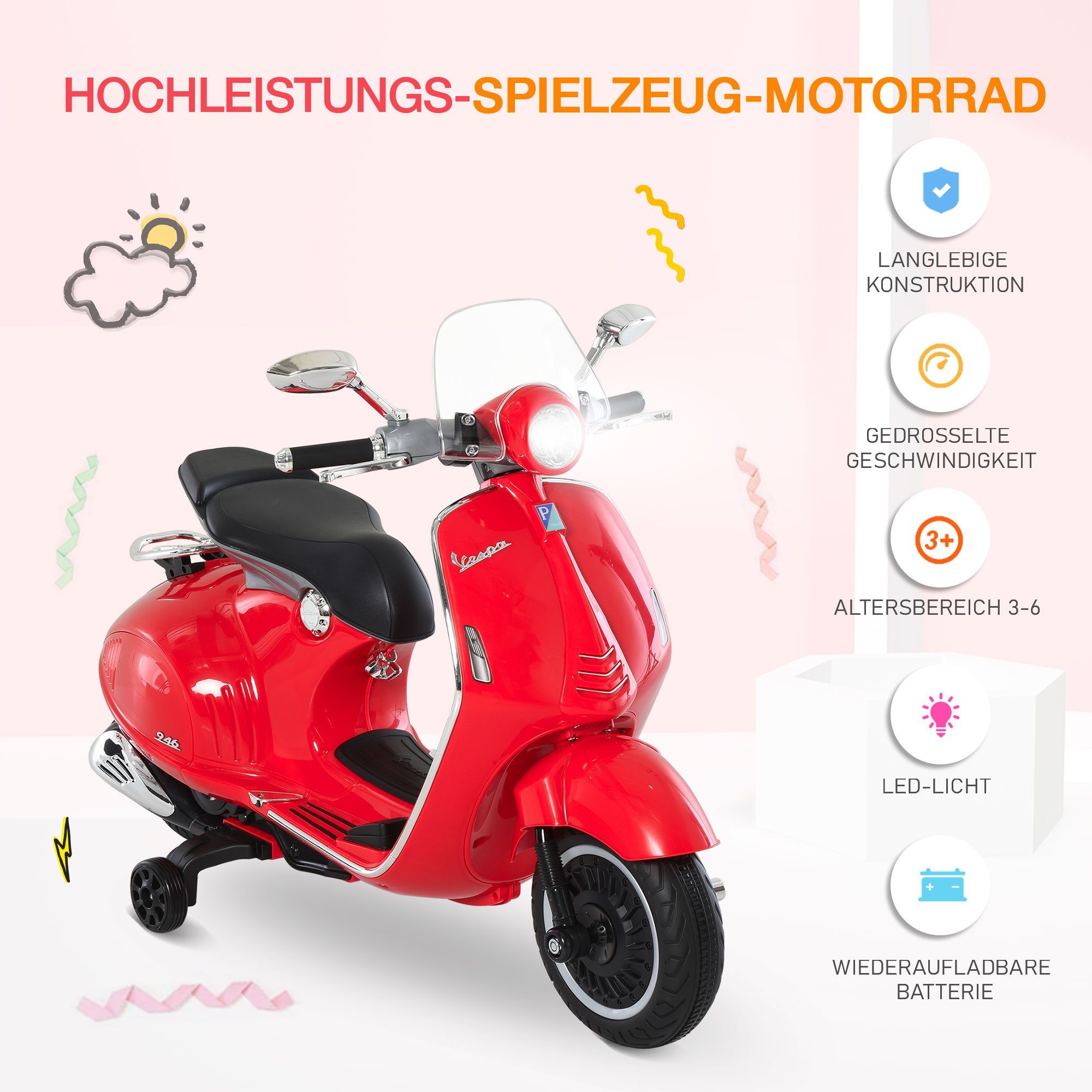 HOMCOM elektrische kindermotor met MP3-speler en verlichting, 3-6 jaar, PP, wit, draagvermogen 30 kg, (1 stuk), 108L x 49B x 75H cm