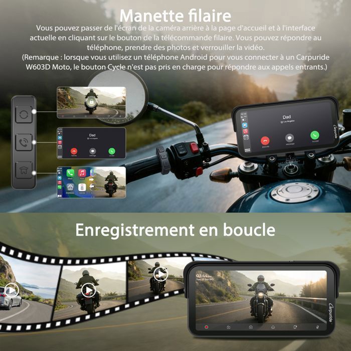 CARPURIDE W603D Radio para motocicleta de 6,3 pulgadas con pantalla CarPlay, cámara dual HD, CarPlay inalámbrico y Android Auto, control por cable.