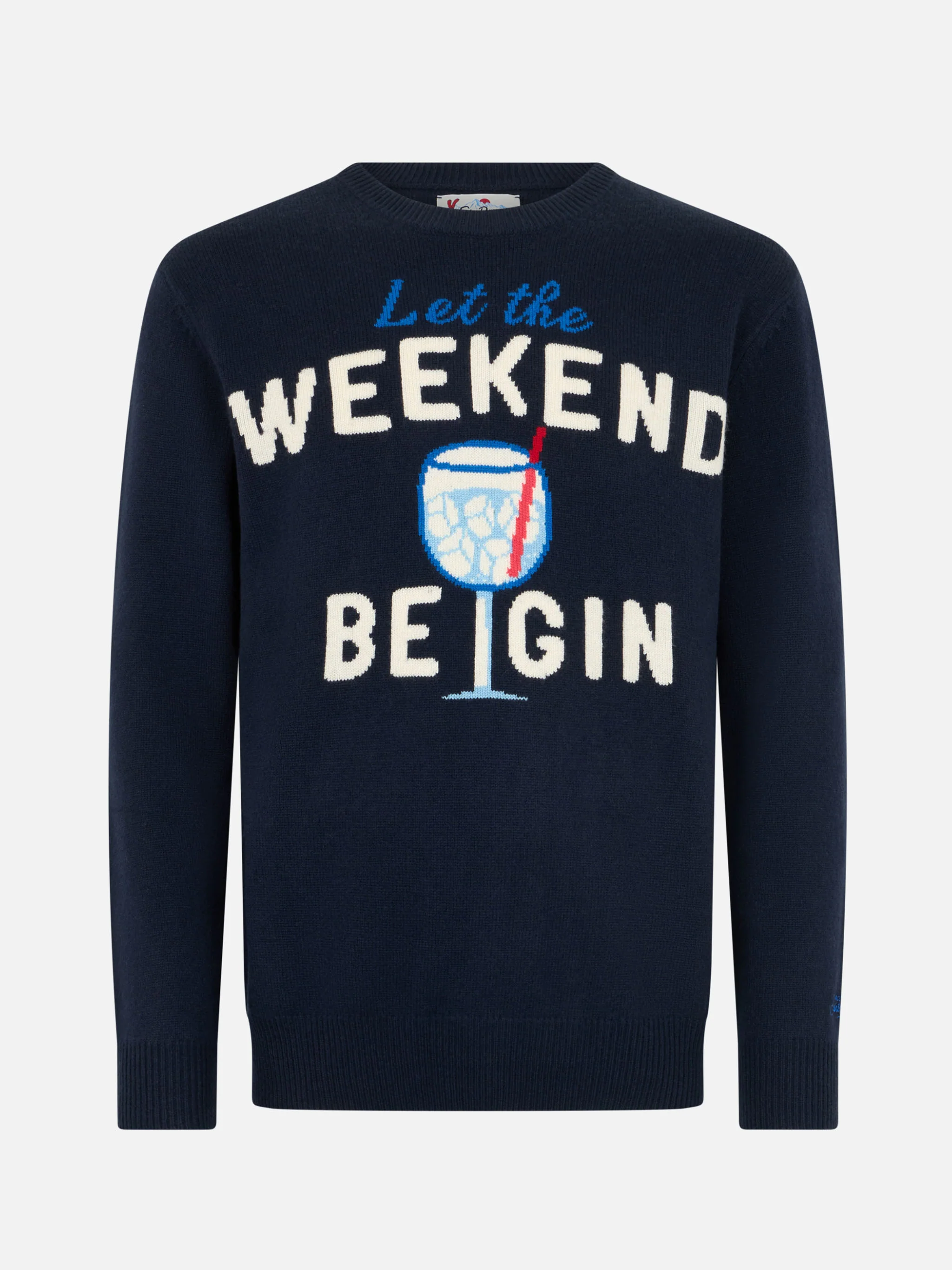 Heron Blue Crew-Neck Sweater | Ribbed Collar, Cuffs, & Hem | St Barth Logo Embroidery on Cuff | Weekend Be Gin Jacquard | MC2 Saint Barth