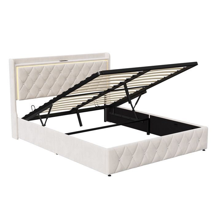 160x200cm Bed - 160x200cm Storage Bed and Slatted Base - Double Bed with RGB LED Headboard, USB Charging Port and Shelf - Beige Velvet