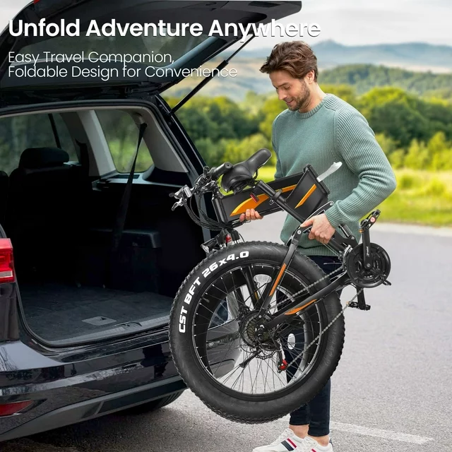 Bicicleta elétrica Funcid, aro 26x4 com pneus largos, 500W, dobrável, para adultos, com bateria de 48V 10Ah.