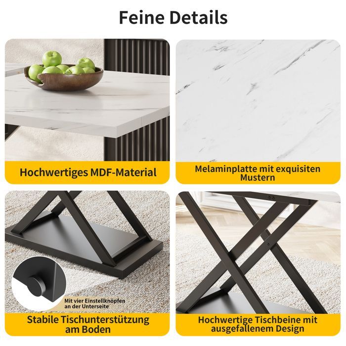 Conjunto de mesa de comedor extensible de 120-160 cm con efecto mármol blanco + 4 sillas de terciopelo negro - Conjunto de comedor de 5 piezas para 4 personas