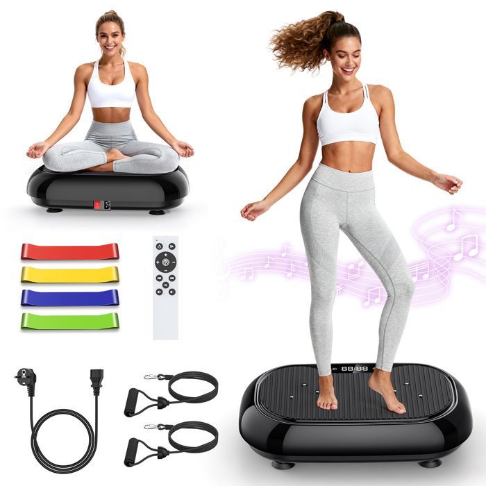 Plataforma vibratoria con 120 niveles de intensidad, 9 modos, capacidad de 150 kg, altavoz Bluetooth para un entrenamiento de cuerpo completo.