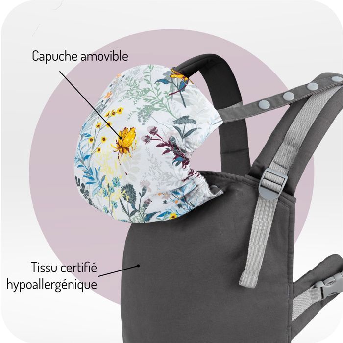 MoMi COLLET – Portabebés ergonómico y fisiológico – Para llevar al bebé delante o a la espalda – Ajustable – Hasta 15 kg – Estampado floral