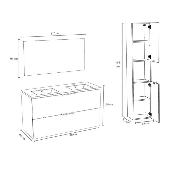 MALAGA 120 cm badmeubel + wastafel + spiegel + hoge kast / Witgekalkte eiken afwerking