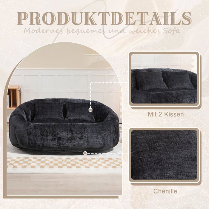 Canapé Poire Confortable et Durable, Dossier Haut, canapé 2 Places en Chenille, Fauteuil d'appoint Moelleux Noir