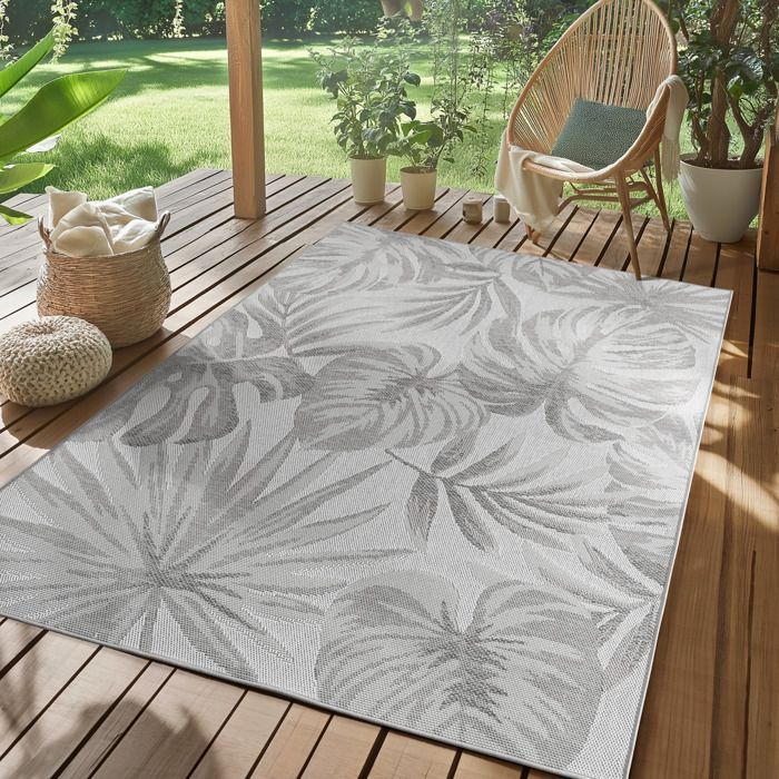 SIMPEX Tapis d'extérieur Gris 240x340 cm, idéal pour la cuisine,Design de feuilles de palmier