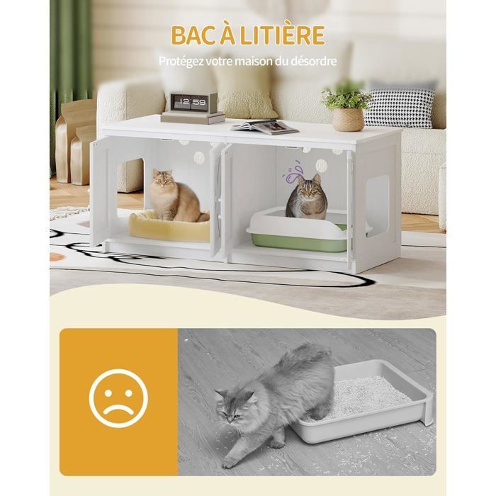 Maison de Toilette Chat, Meuble Litiere pour 2 Chats, Meuble pour Bac à Litière Caché, Maison pour Chat D'intérieur, Blanc