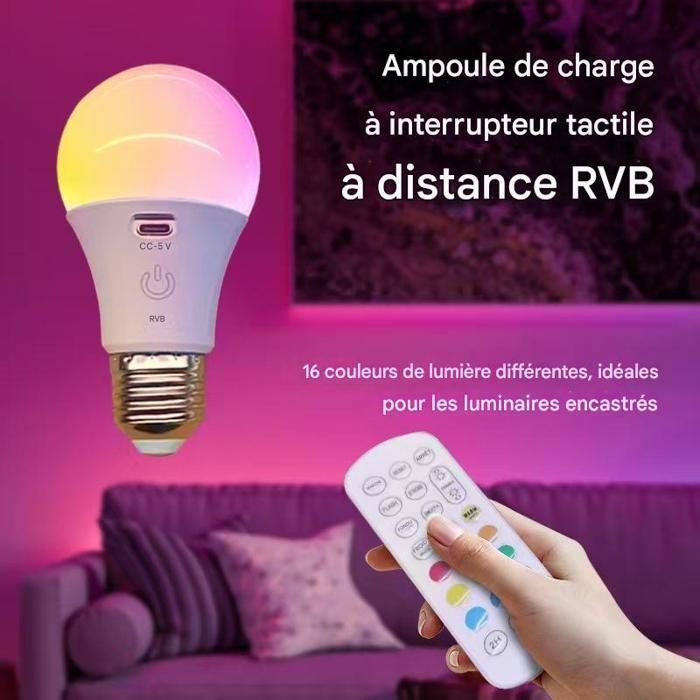 USB C Batterie Ampoule Rechargeable Avec Télécommande -E27 Ampoule Intelligente RGB -3 Températures de Couleur - 2000mAh -5W - 2Pcs