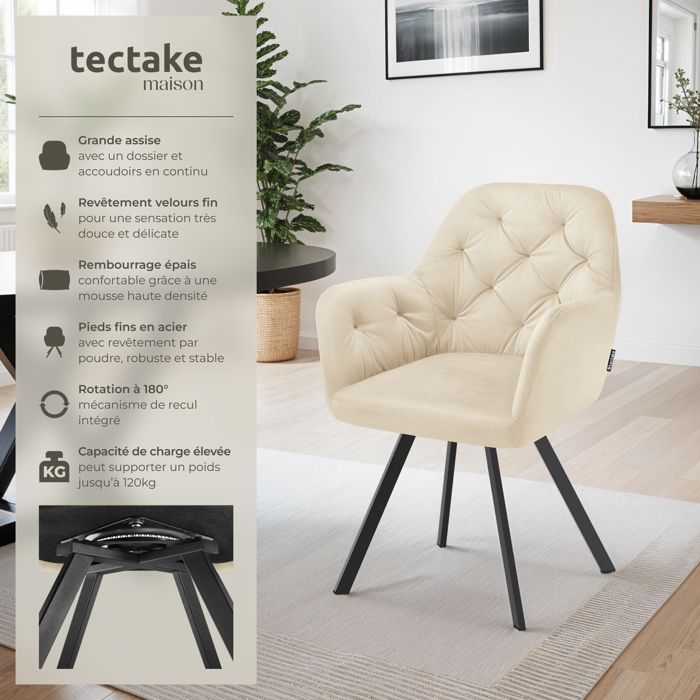 Chaises - TECTAKE - Lot de 4 fauteuils LUCIA pivotants à 180° rembourré en velours motif matelassé 58 x 58 x 87 cm - Crème