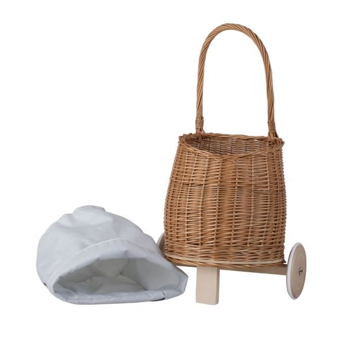 Winkelwagen - Niet gespecificeerd - Natuurlijk riet - Blauwe stof - Voor kinderen - Afmetingen 22x17 cm