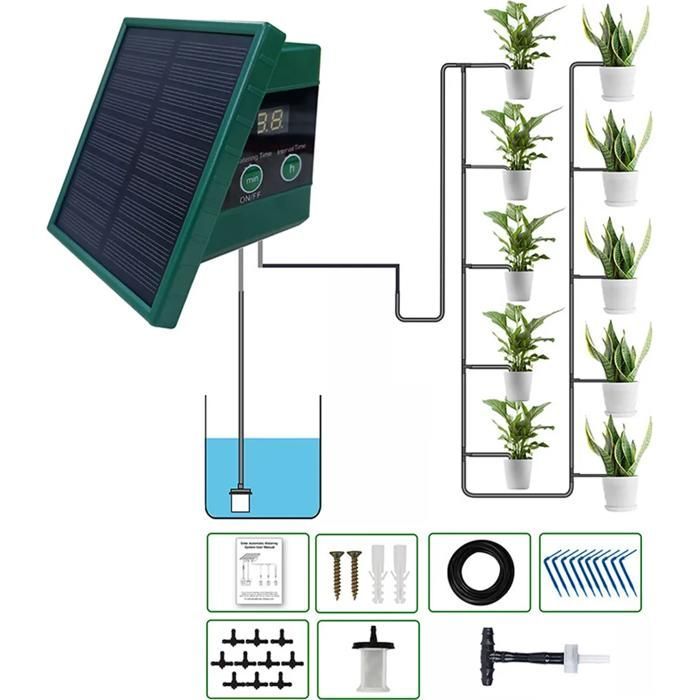 Sistema di irrigazione a goccia - YYV - 10 piante - 30 programmi - Pannello solare - Tubo flessibile da 10 m