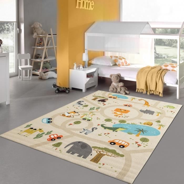 Alfombra de juegos infantil - TEPPICH-TRAUM - Diseño Safari/Carreteras - Antideslizante - 120x160 cm