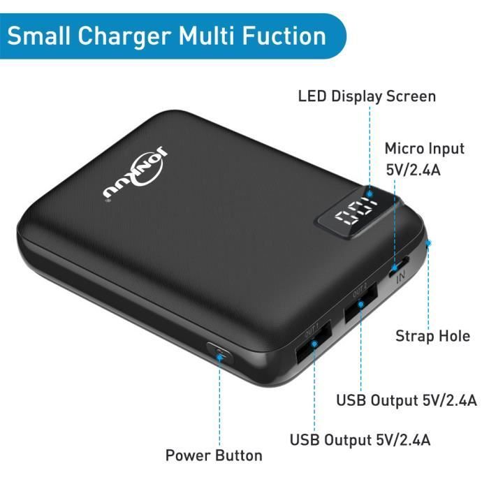 Batterie Externe 10000mAh Charge Rapide Affichage LCD Micro-USB USB-A Power Bank Noir
