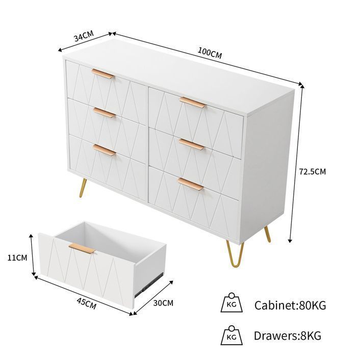 Cómoda de 6 cajones - COZY - Blanca - Patas doradas - Antivuelco - 100x34x72cm