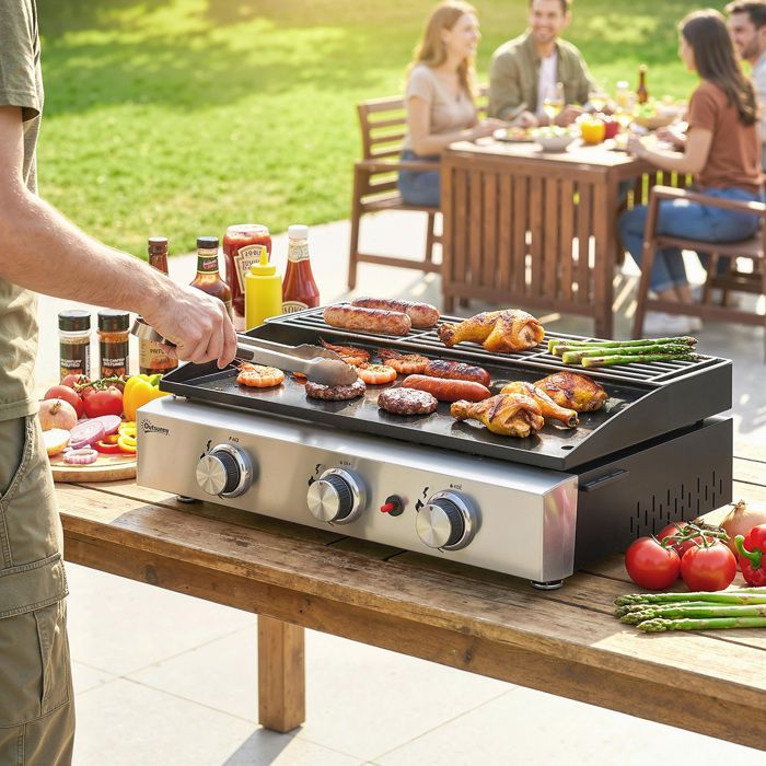 Gas griddle - gas barbecue - Outsunny - 3 burners, enamelled plate, 7.5 kW, warming rack - stainless steel - 62x44x21cm - black