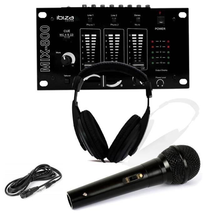 DJ-hörlurar + MIX-800 IBIZA Mixer + Svart dynamisk mikrofon