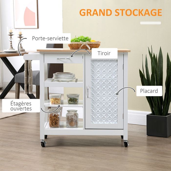 Rolling kitchen trolley - HOMCOM - contemporary kitchen service cart with drawer, 3 shelves - wood - white