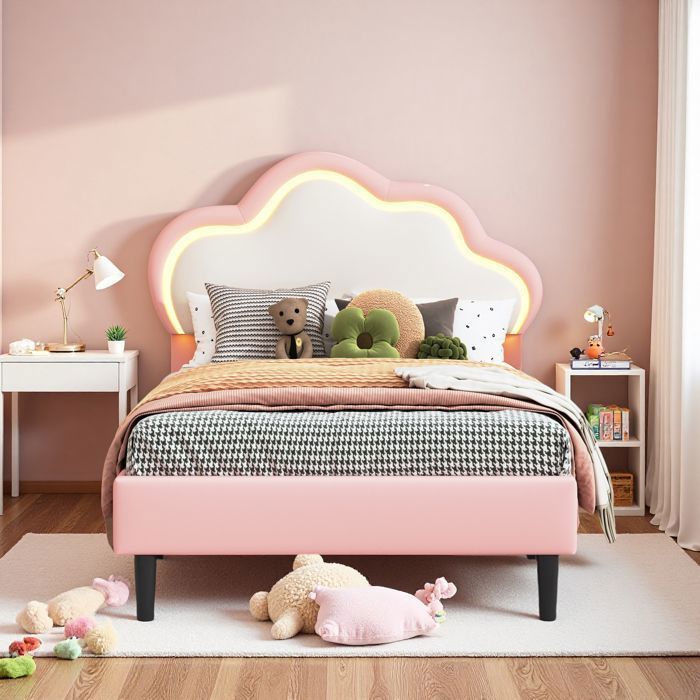 Cama infantil de 90x200 cm, tapizada con iluminación LED, estructura de cama para niñas, cama de princesa con somier de láminas, piel sintética, color rosa.