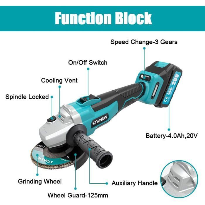 Amoladora angular - STANEW - STANEW - Sin escobillas - Inalámbrica 20V 4000mAh (2 baterías) - 8500 rpm