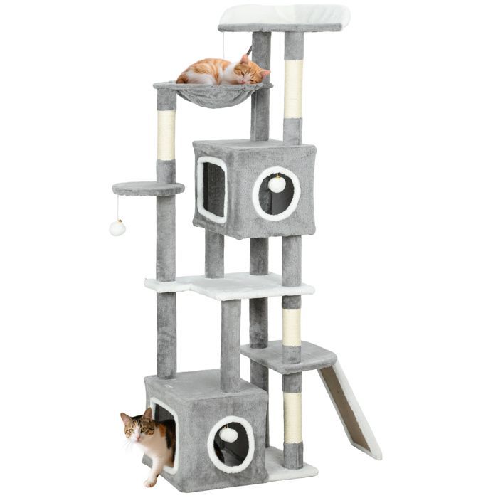 Arbre à chat - tour de jeux pour chats - PawHut - griffoir et poteaux en sisal,  2 niches, plateformes - hauteur 165 cm - gris