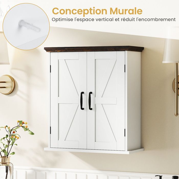 COSTWAY Meuble Mural Salle de Bain avec 2 Portes, Étagères Réglables, Style Campagne, pour Cuisine, Buanderie, Entrée, Blanc