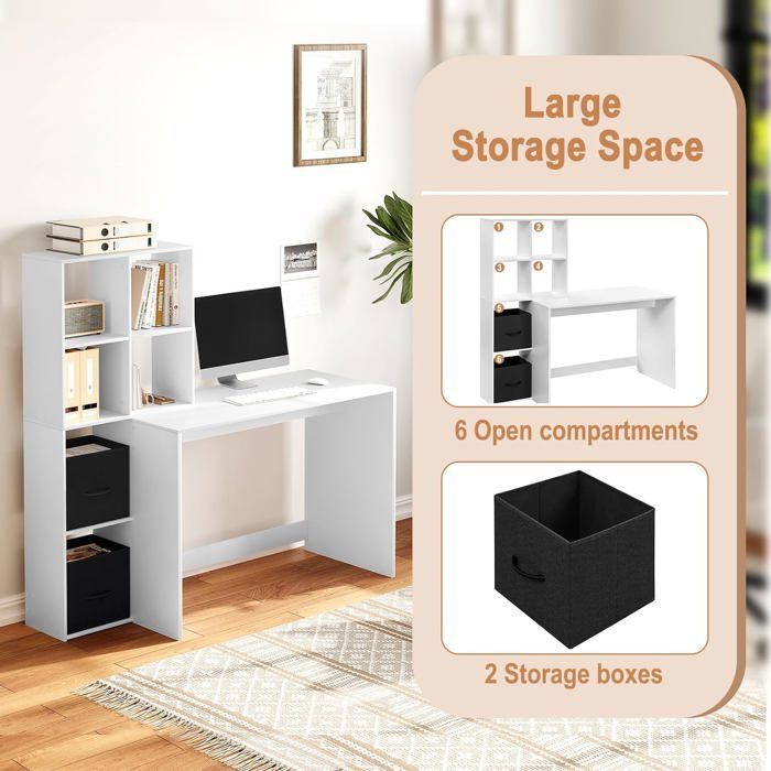 WOLTU Desk with Cube Shelves and Fabric Drawers, Table with Storage, 140.5x50x134 cm, White W0ETT0180