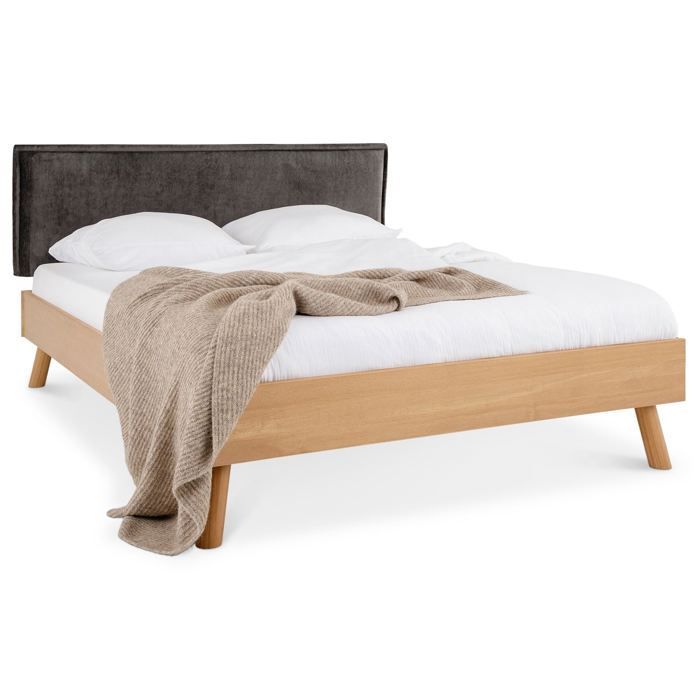 Conjunto de cama futón doble KARRI con cabecero para adultos, 140 x 200 cm, en madera maciza, color gris y roble.