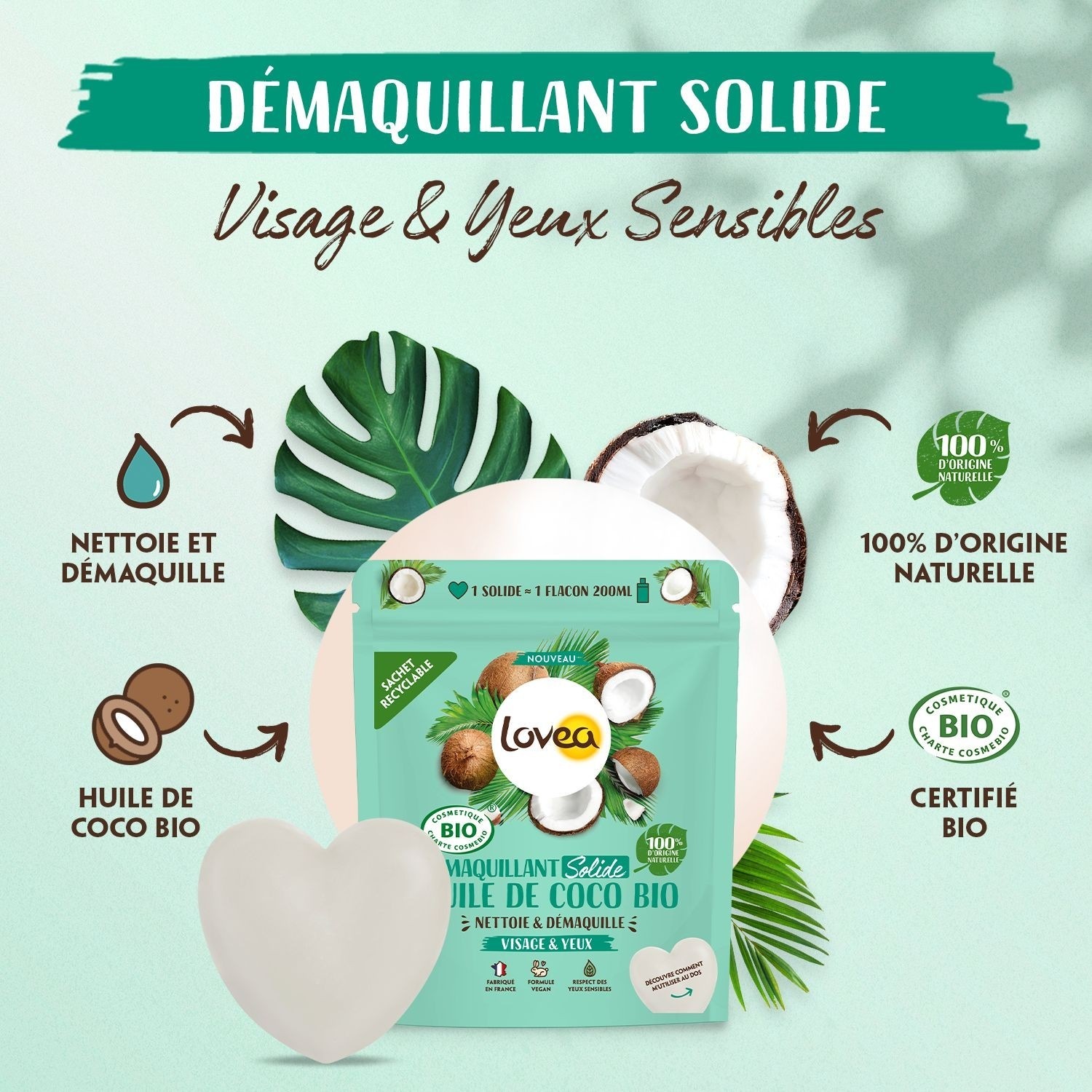 Lovea Démaquillant Solide Huile de Coco Bio Certifié BIO
