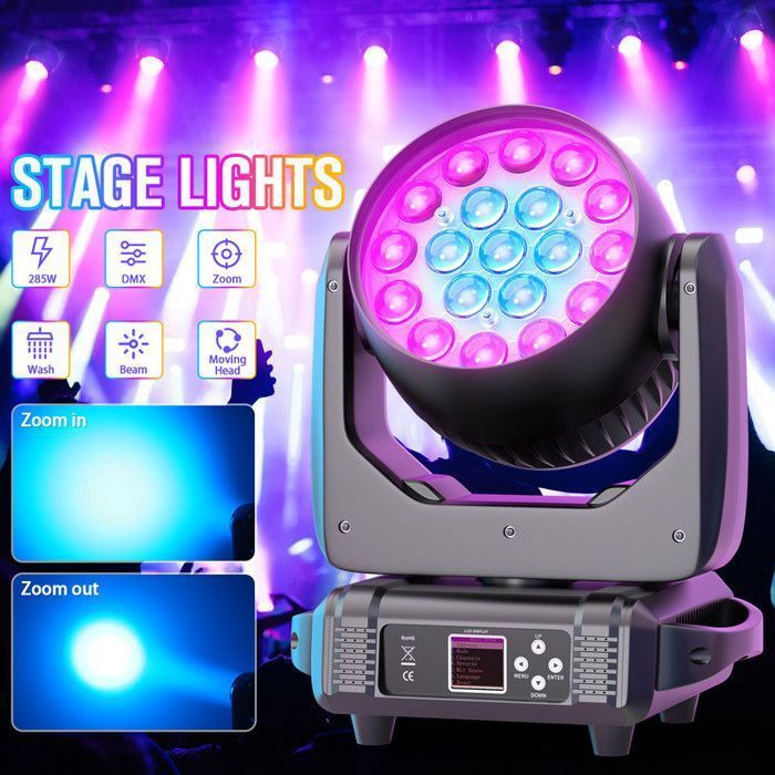 UKing DJ Moving Head LED RGBW DMX512 - Luce da palcoscenico 19x20W con zoom, wash e schermo LCD - Confezione da 2 luci per DJ con flight case