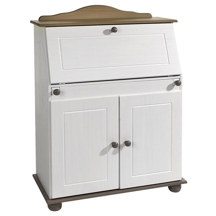 Bureau secrétaire DAVID avec abattant rangement plusieurs étagères 2 portes plan de travail rabattable, en pin massif taupe et