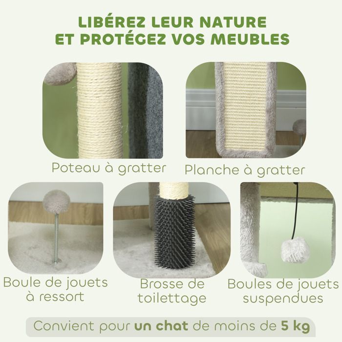Arbre à chat - PawHut - hauteur 104 cm - avec tapis griffoir, lit maison pour chat, brosse de toilettage, plateformes - gris clair