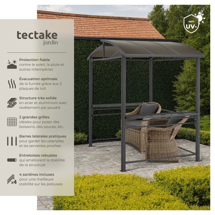 Barbecuepaviljoen - TECTAKE - Asado barbecueoverkapping - Robuust, aluminium/stalen, brandvertragend dak - 2,4 x 1,5 x 2,34 m - grijs