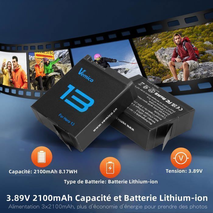 Batterie - HERO13 - Enduro - 2100mAh - Lithium Ion - Chargeur 3 canaux