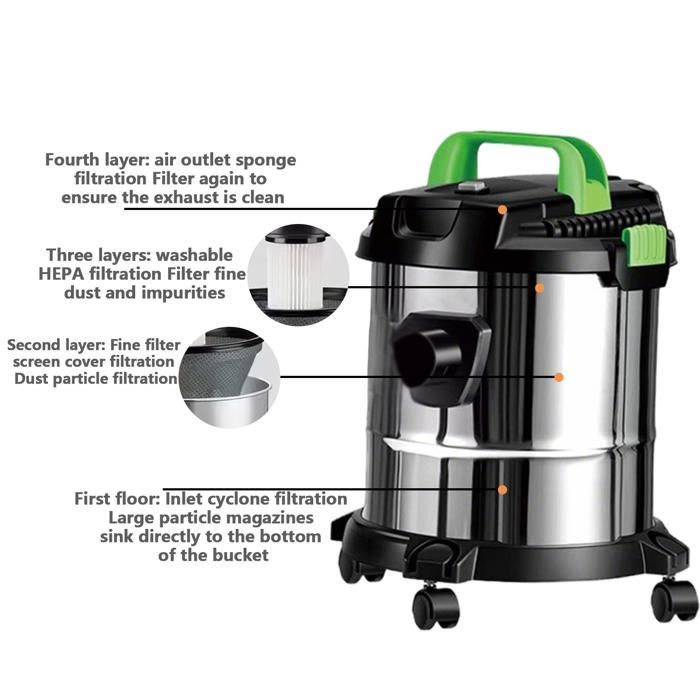 Aspiradora vertical sin bolsa de 2500 W y 16 L para uso en seco y húmedo, aspiradora industrial con ruedas, duradera y resistente.