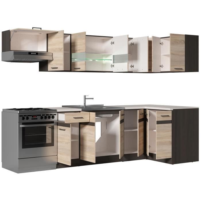 JUNONA Cuisine d'angle complète et plan de travail L 3m40 - Angle réversible - Décor chêne sonoma - plan de travail inclus
