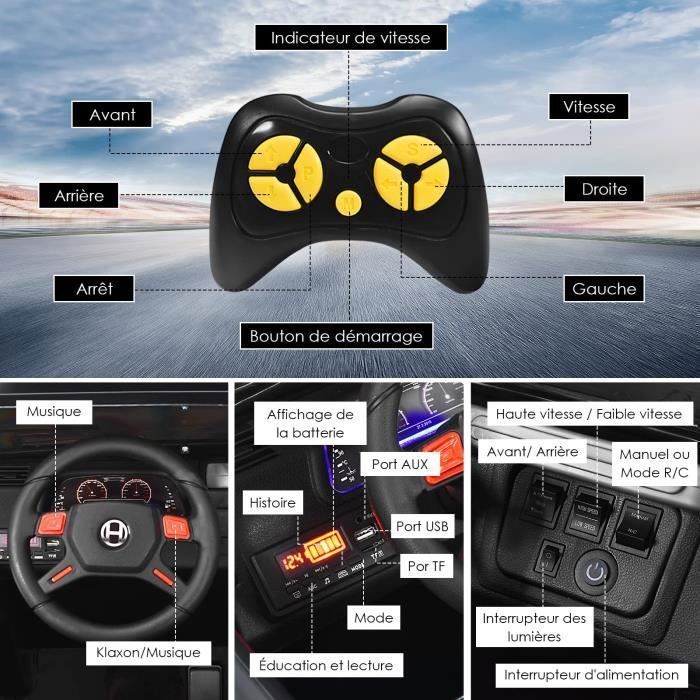 Coche eléctrico infantil DREAMADE 4x4, 2 plazas, con mando a distancia, luces LED, música, puerto USB y caja de almacenamiento, color negro.
